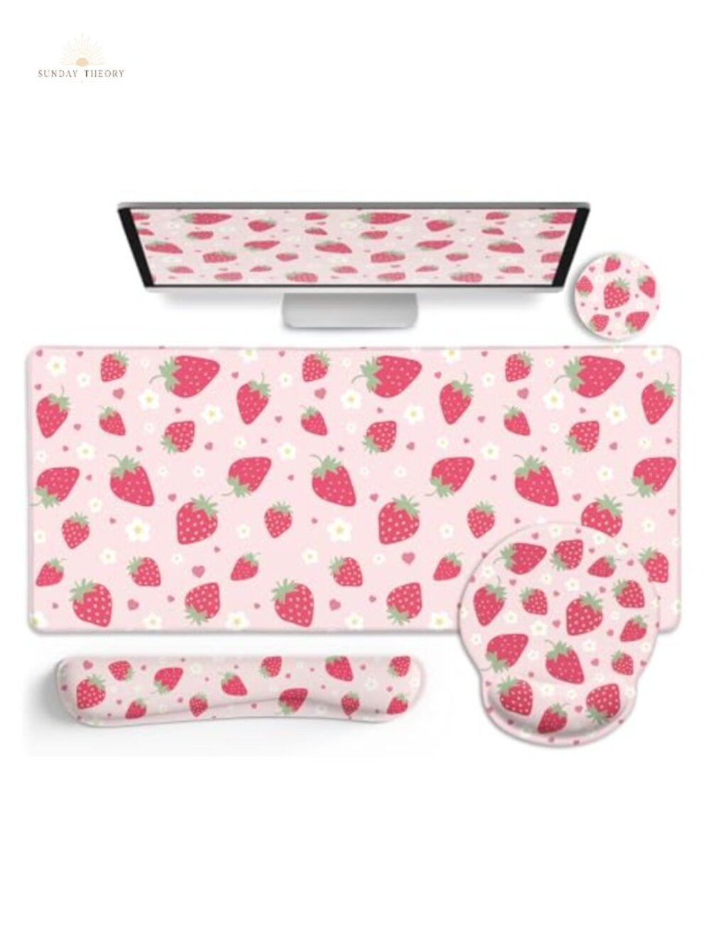 Strawberry Mouse Pad Large Desk Mat Set Ergonomic Gel Wrist Rest Memory Foam